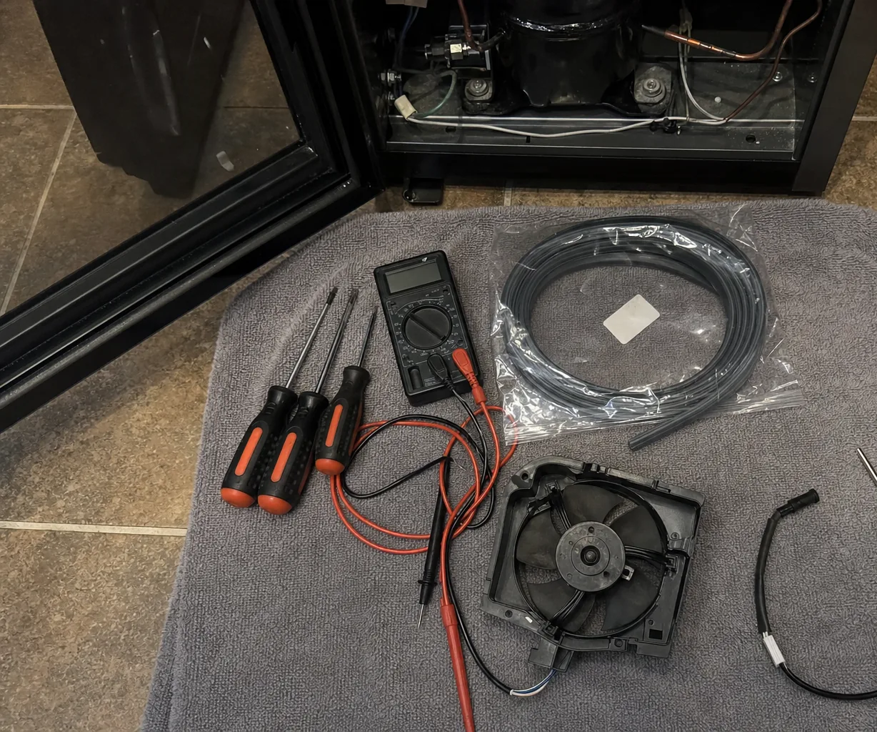 Hand tools and a digital meter arranged on a work mat in front of an appliance with its lower panel removed