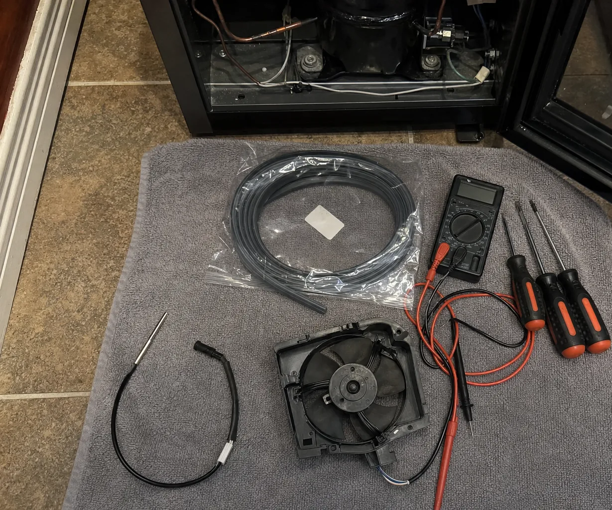A multimeter, a wired temperature probe and a fan assembly laid out beside an open service compartment