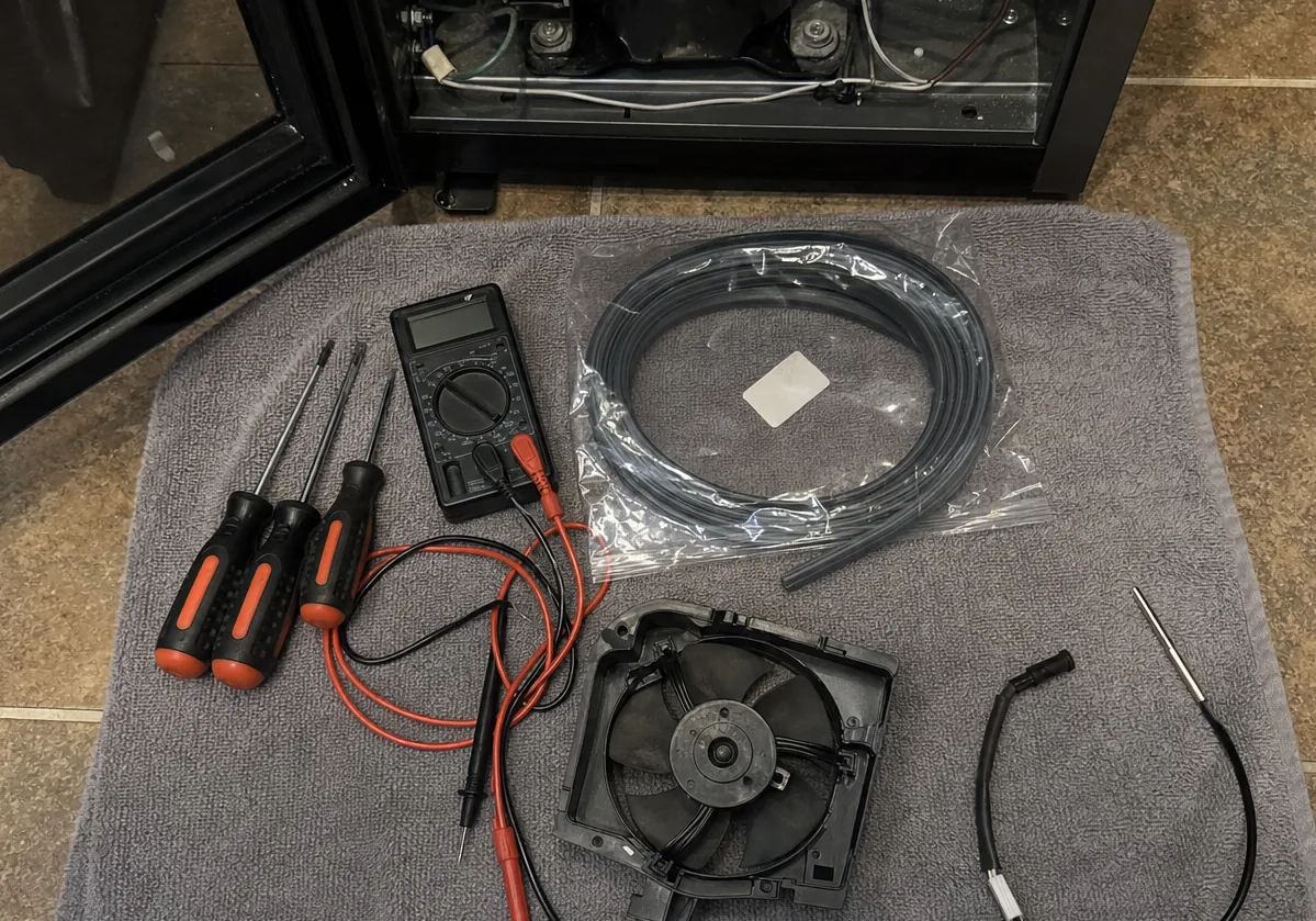 A wired temperature probe coiled on a work mat next to a digital multimeter