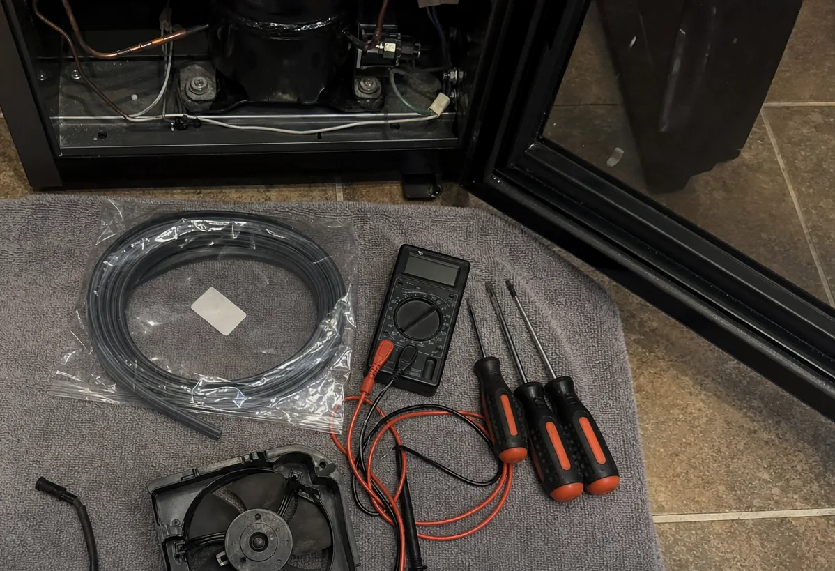 Tools and a meter set out on a floor mat at the start of a house call, the appliance already opened at the base