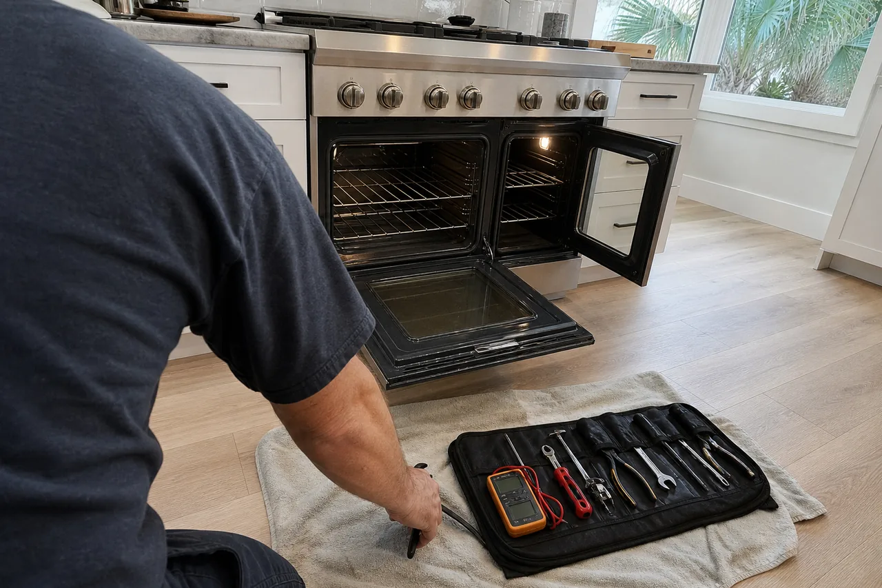 A technician kneels at a wide stainless range with both oven doors open, a tool roll and a multimeter laid out on a towel on the pale wood floor