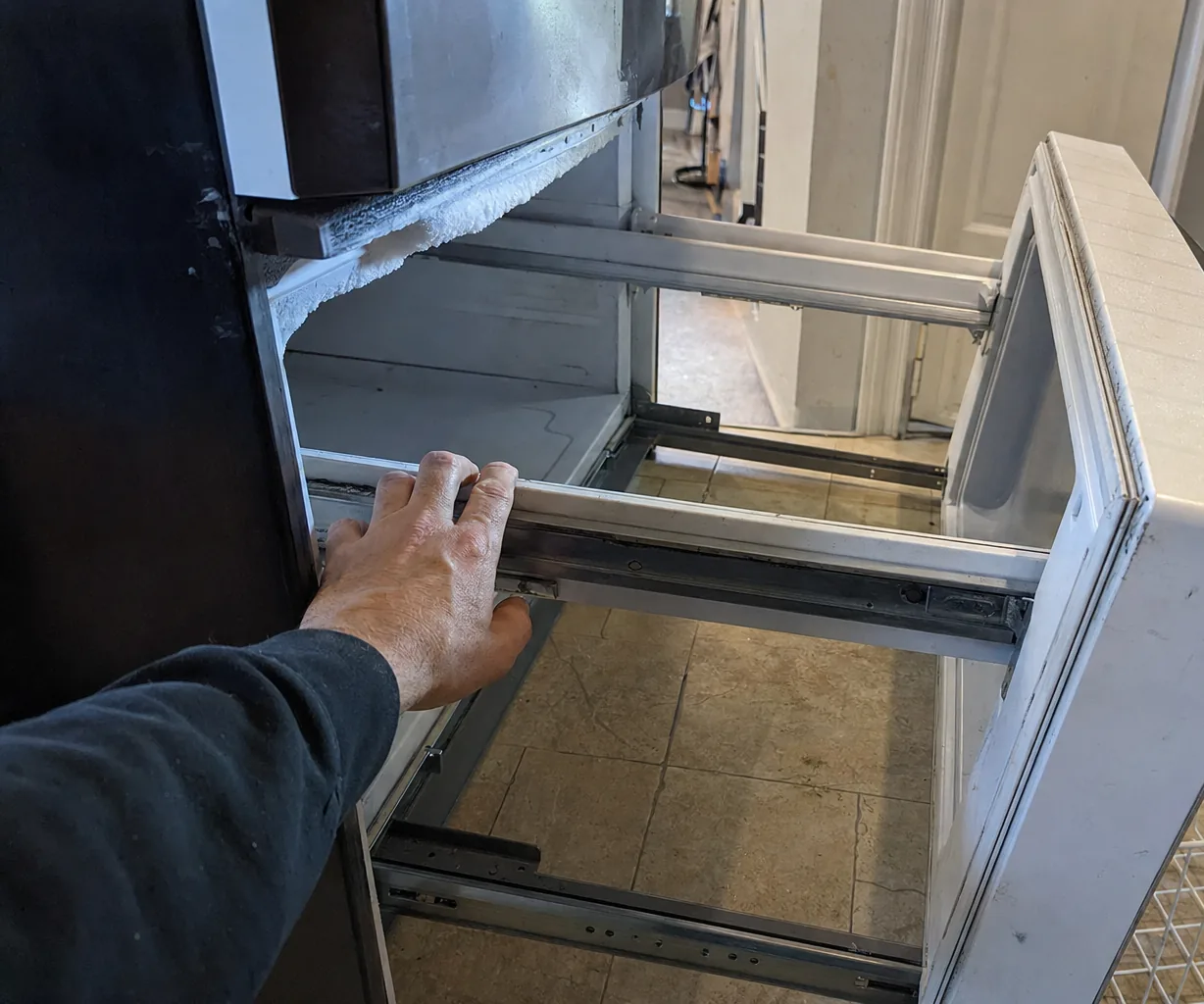 A technician steadying a freezer drawer on its rails while checking how the gasket seals