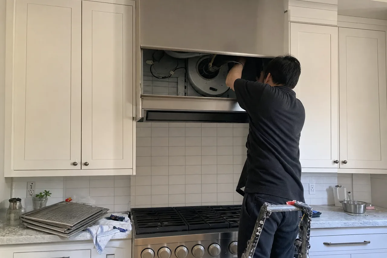 A technician on a step ladder with the hood panel off, the blower housing exposed above a pro-style gas range