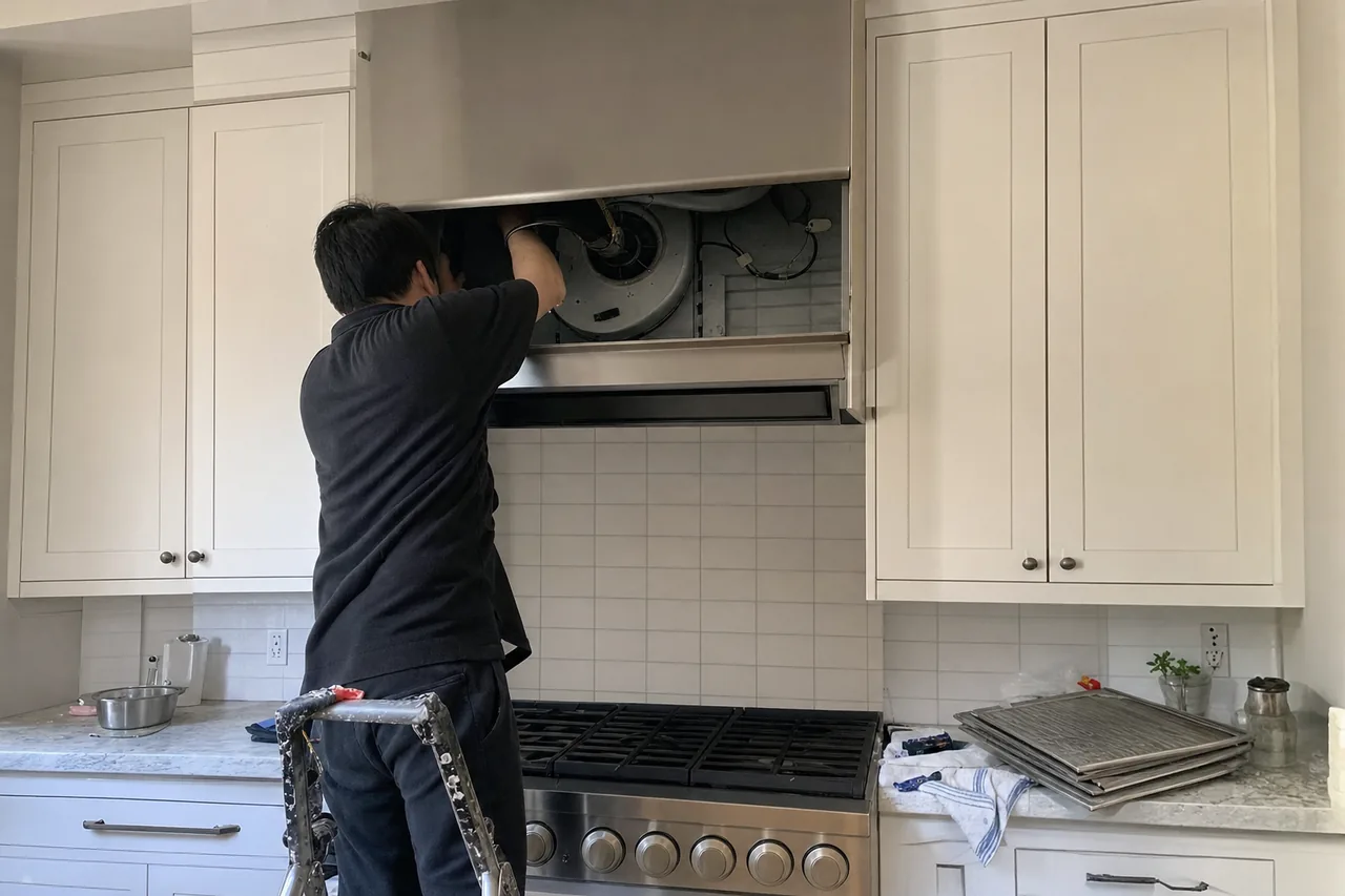 A pro-style gas range with cast-iron grates standing below a kitchen hood that has been opened for service