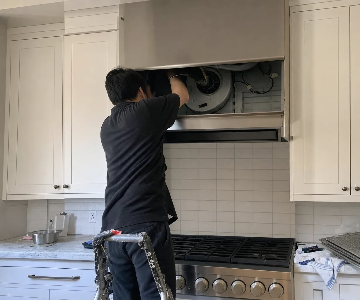 The blower wheel and housing inside a kitchen hood, its panel removed and baffle filters stacked on the counter