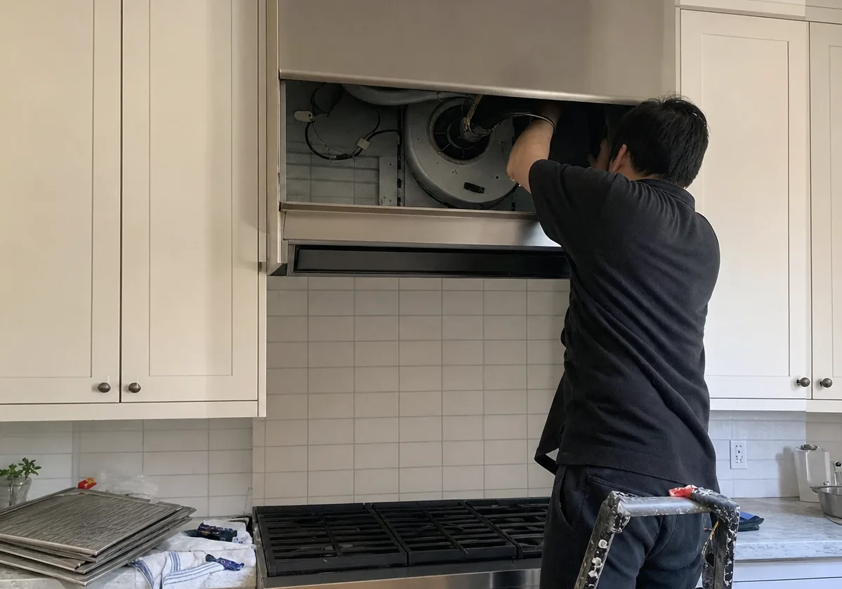 Baffle filters lifted out of a hood and stacked on the counter while the blower assembly above the range is checked