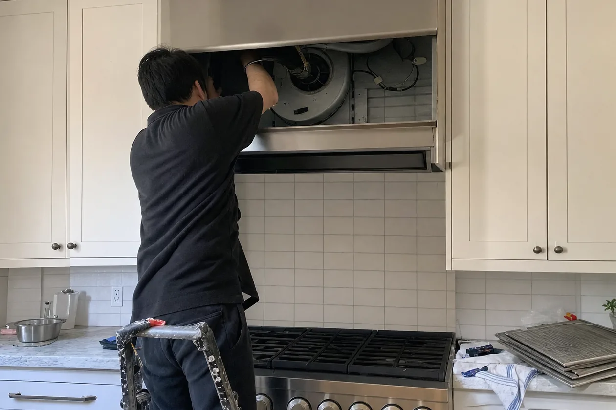 A technician working overhead inside a kitchen hood with the filters set aside on the counter