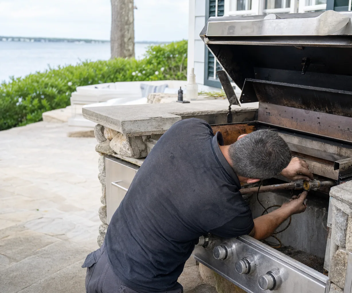 A built-in stainless grill set into a stone outdoor counter with its lid raised for service