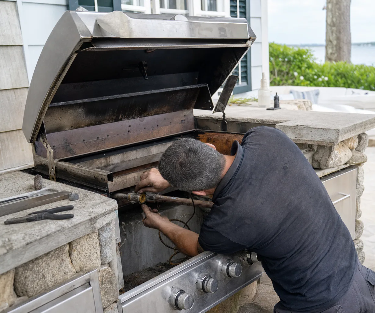 An outdoor kitchen counter with the grill open and hand tools laid out on the stone beside it