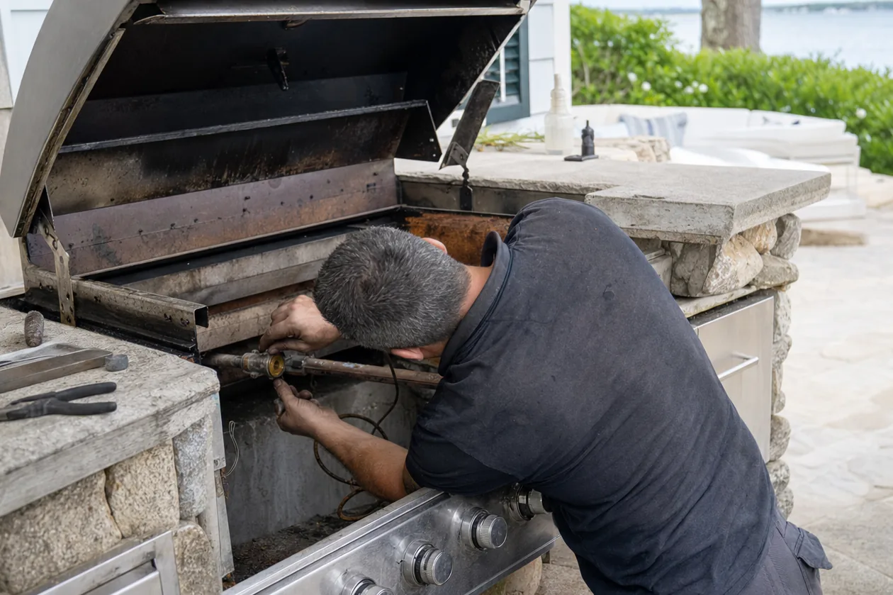 The burner compartment of a built-in outdoor grill opened up during a service call, pliers resting on the stone top
