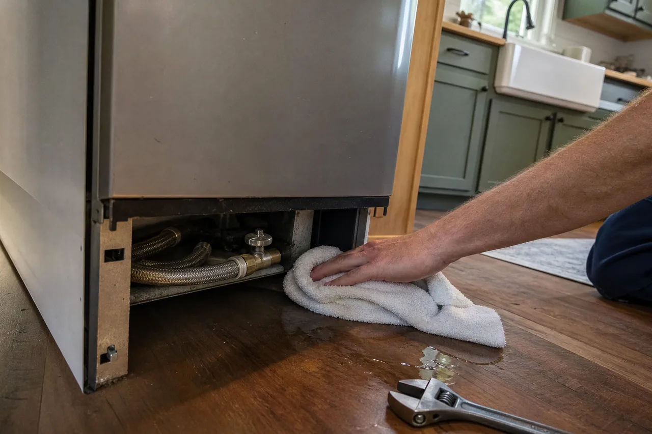 A hand pressing a white towel into a small puddle beside braided steel water hoses and a brass shut-off valve under a stainless appliance, an adjustable wrench on the wood floor